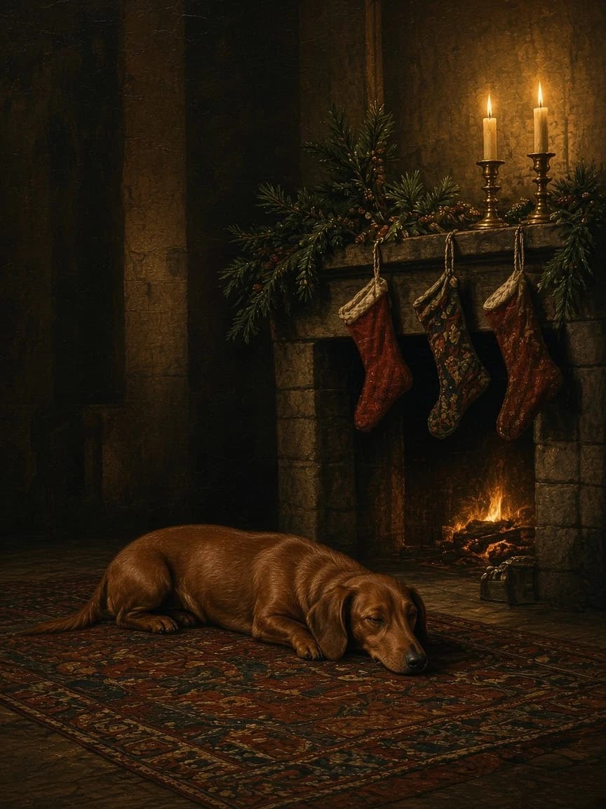 Dachshund portrait by a glowing hearth in the manner of a Dutch interior