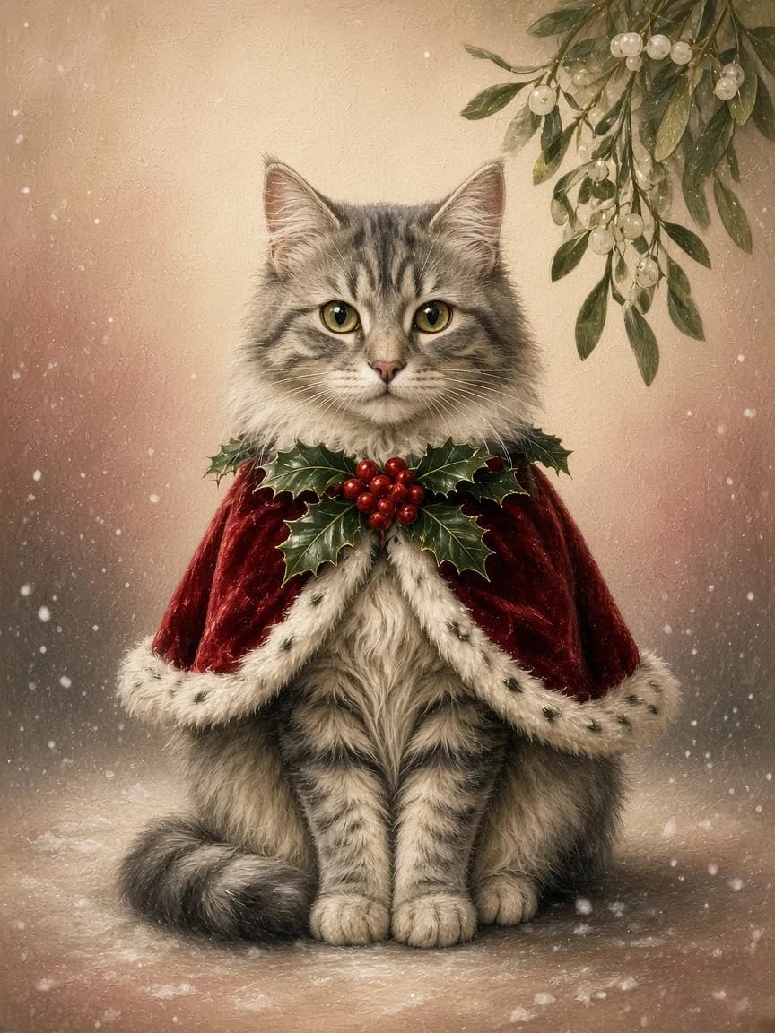 Cat portrait styled as a Victorian Christmas card with holly and mistletoe