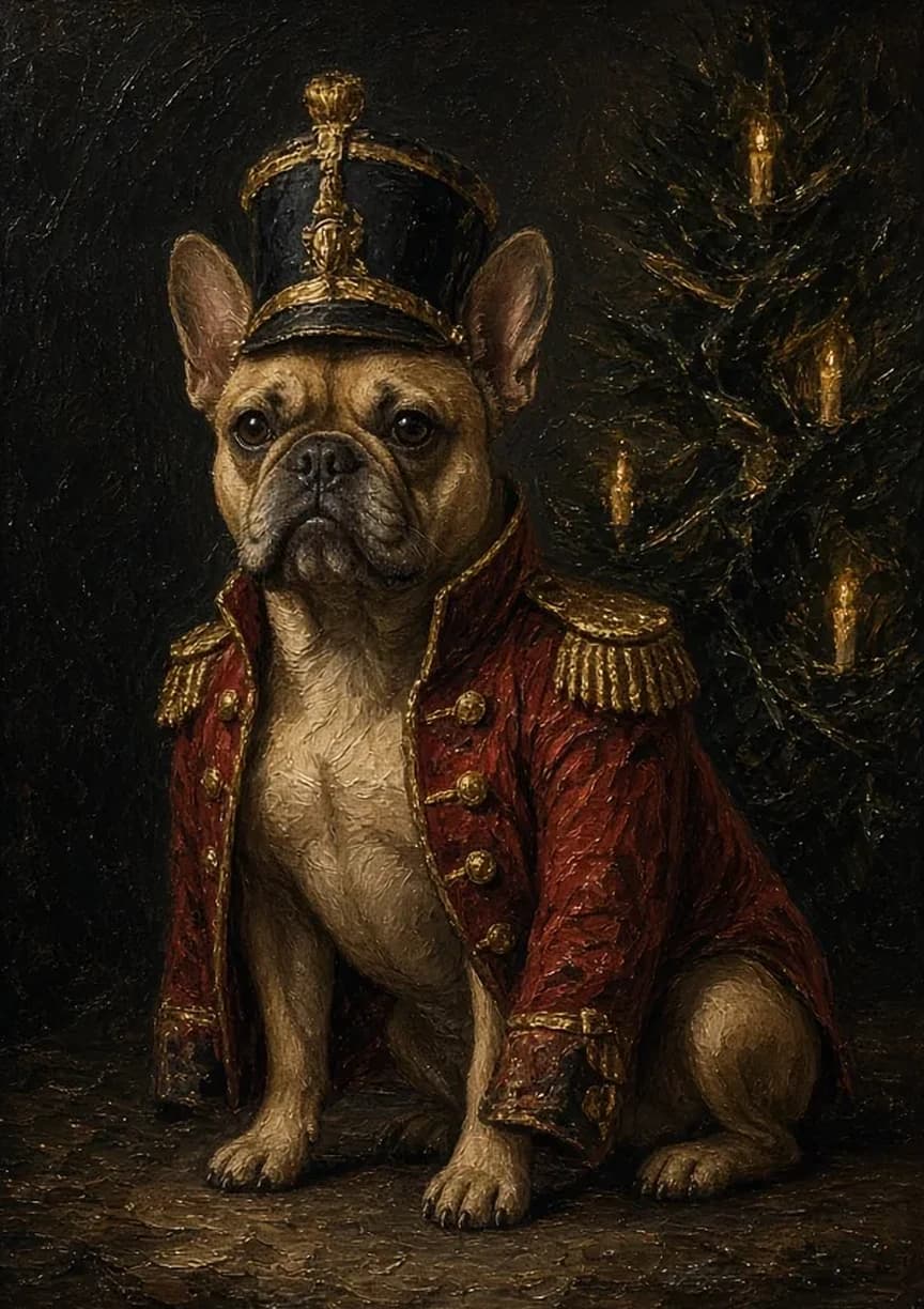 French bulldog portrait dressed as a nutcracker soldier