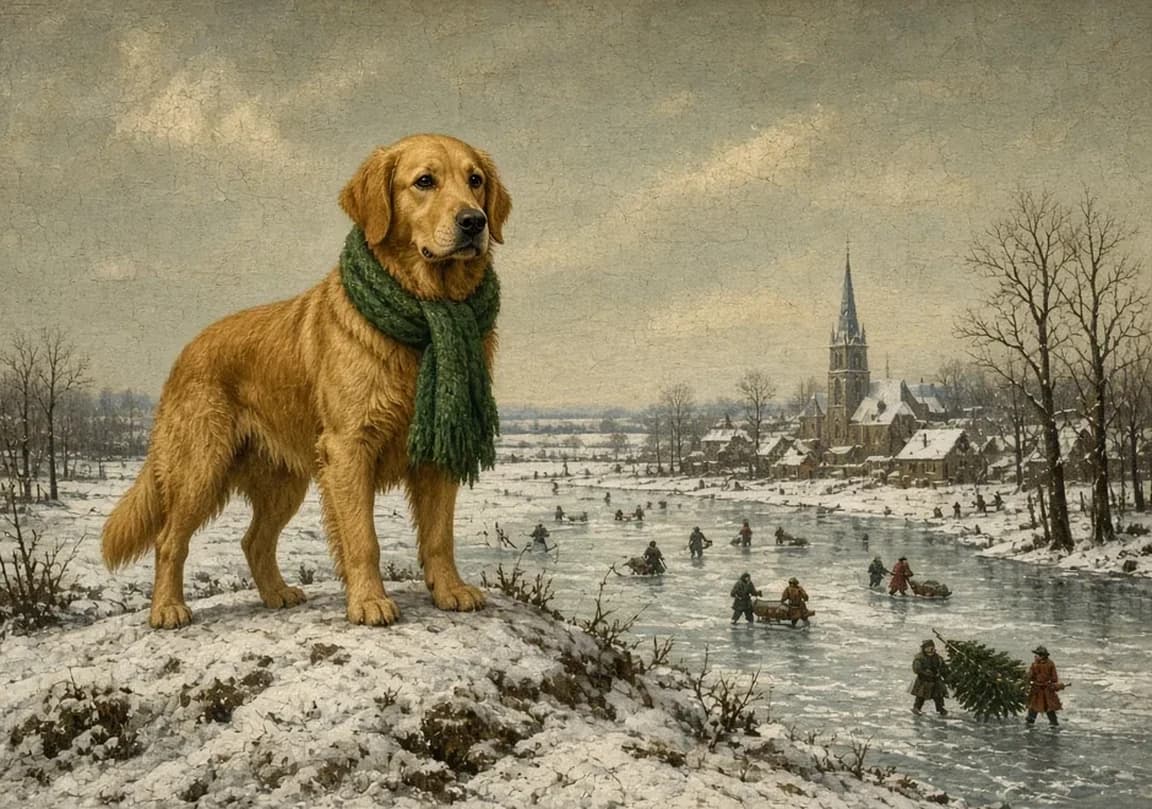 Golden retriever portrait in a Flemish winter landscape