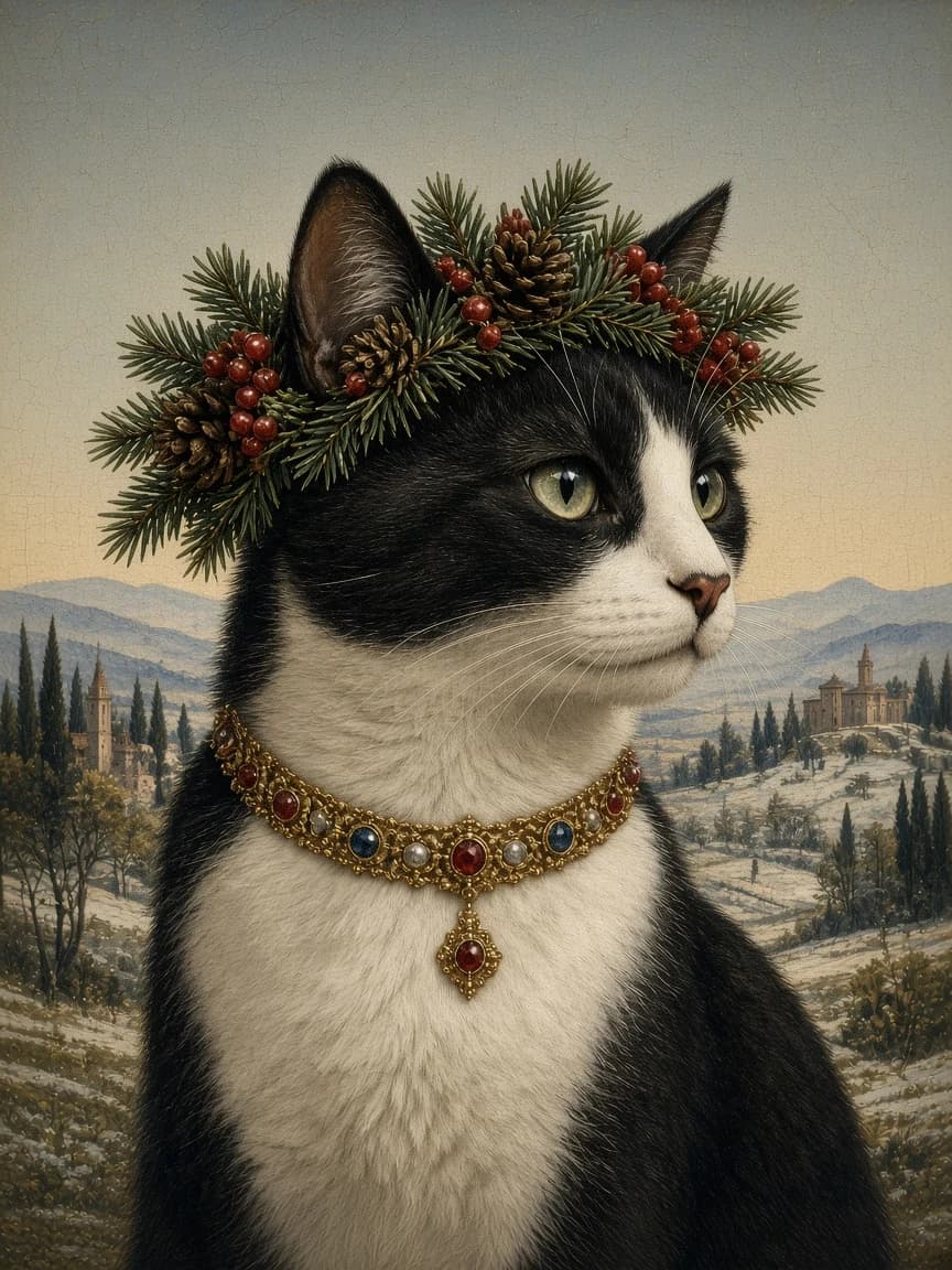 Renaissance cat portrait wearing a crown of evergreen and berries