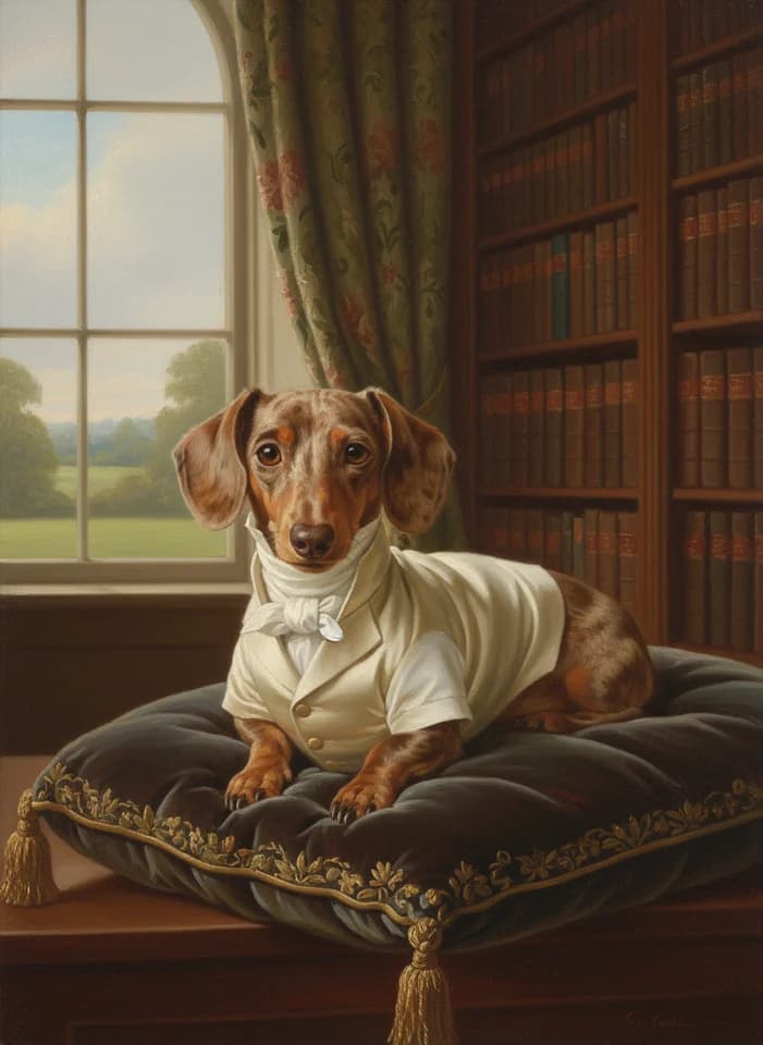 Regency portrait of Pingo, a dapple dachshund